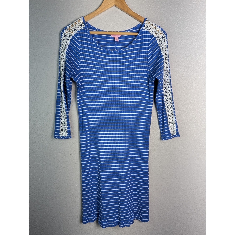 Lilly Pulitzer Sweater Dress Womens M Blue Striped Scoop Neck 3/4 Sleeve